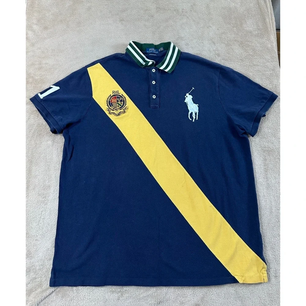 Polo‎ Ralph Lauren Polo Shirt Men 2XL Yellow Diagonal Stripe Big Pony Crest S/S